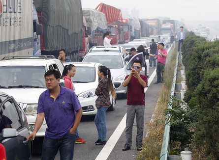 直击国庆高速免费首日大堵车:高速上遛狗车主无奈 直击国庆高速免费首日大堵车:高速上遛狗车主无奈